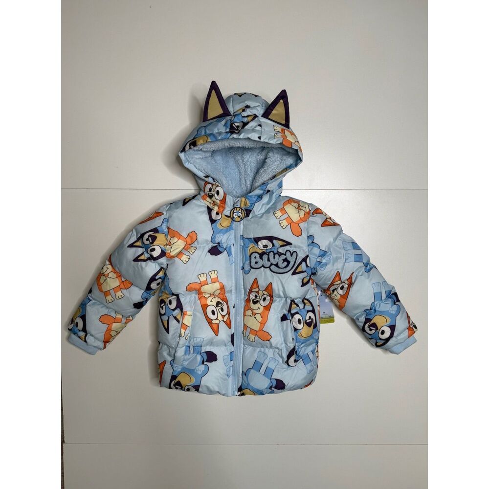 Bluey Boys 5T Puffer Jacket Light Blue Hooded Sherpa Lined Cat Ears NWT
